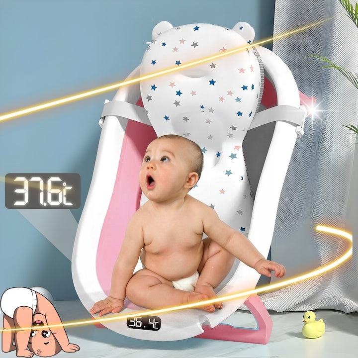 Cadita pliabila pentru bebelusi, cu termometru digital, dop de scurgere, picioare anti-alunecare, design ergonomic, fara BPA, alb/roz