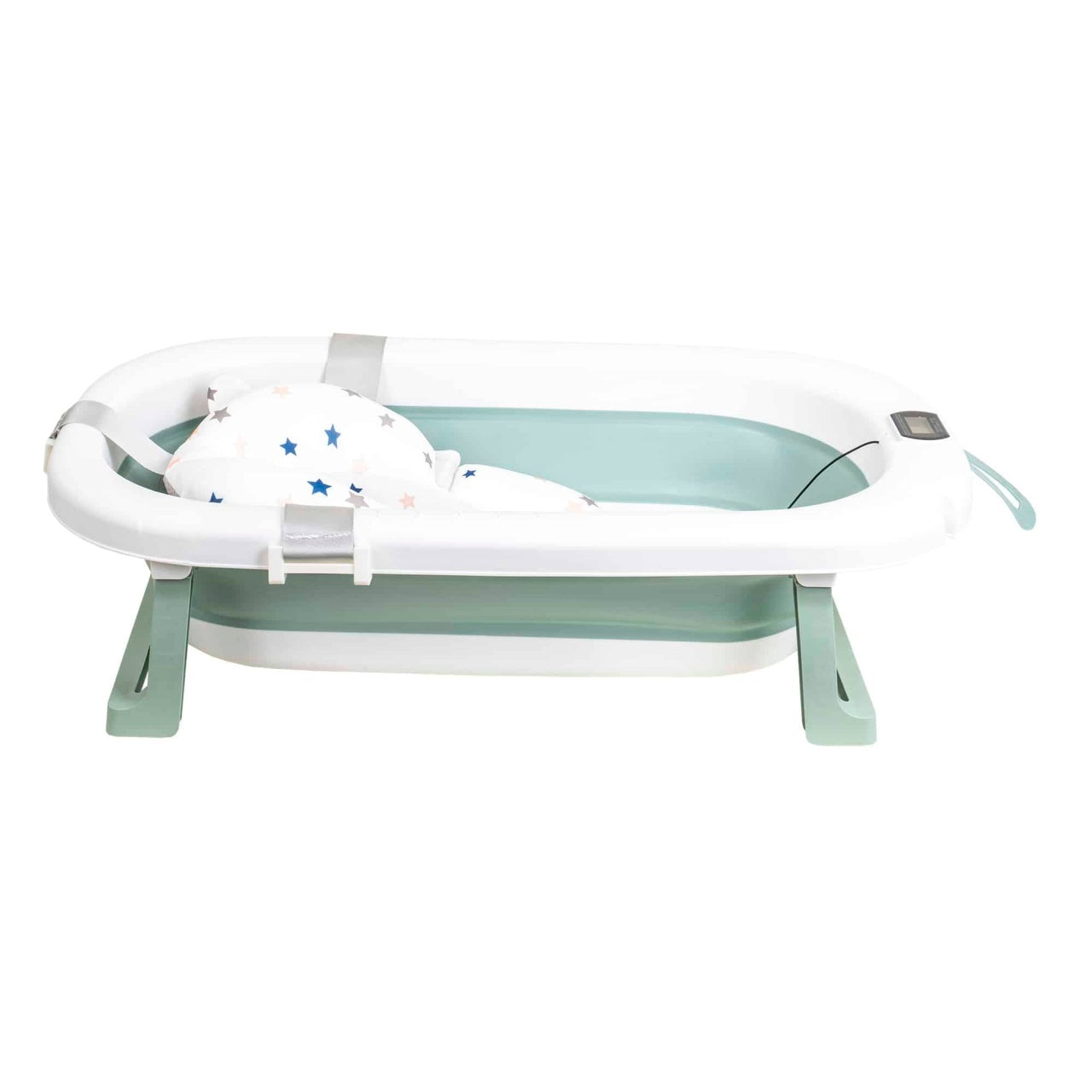 Cadita pliabila pentru bebelusi cu termostat si pernuta, verde, dimensiuni 75x45x20 cm