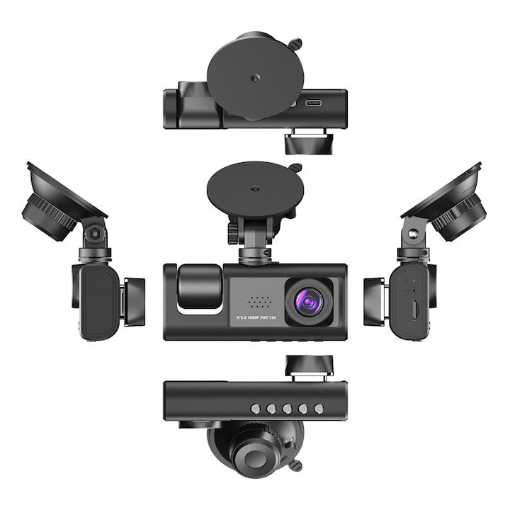 Camera auto de bord tripla, cu vedere fata/interior/spate, Night Vision HD, unghi 170°, Full HD, fixare cu ventuza, negru