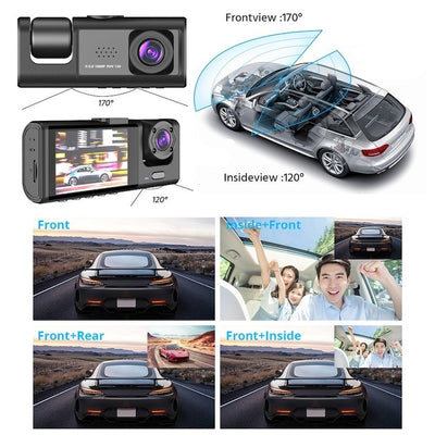 Camera auto de bord tripla, cu vedere fata/interior/spate, Night Vision HD, unghi 170°, Full HD, fixare cu ventuza, negru