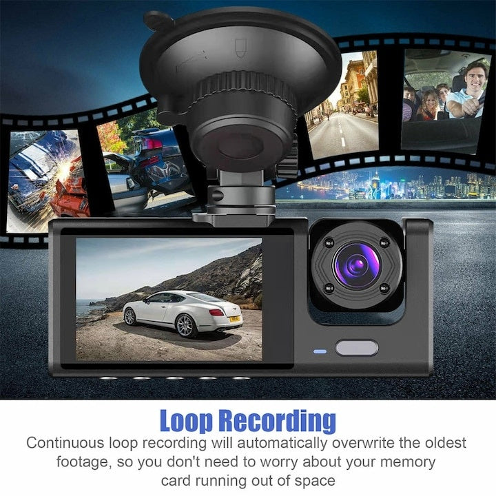 Camera auto de bord tripla, cu vedere fata/interior/spate, Night Vision HD, unghi 170°, Full HD, fixare cu ventuza, negru