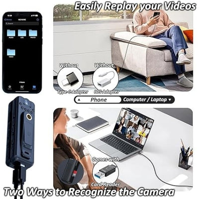 Camera de corp cu inregistrare audio si video, detectare miscare, vedere nocturna, functie de reportofon, baterie reincarcabila, autonomie 4h, USB Tip C, ecarn LCD, negru