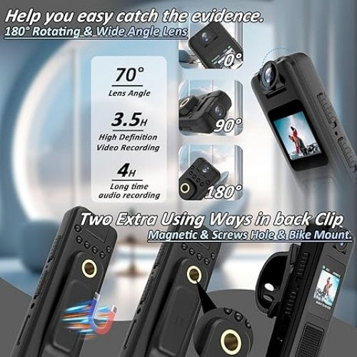 Camera de corp cu inregistrare audio si video, detectare miscare, vedere nocturna, functie de reportofon, baterie reincarcabila, autonomie 4h, USB Tip C, ecarn LCD, negru