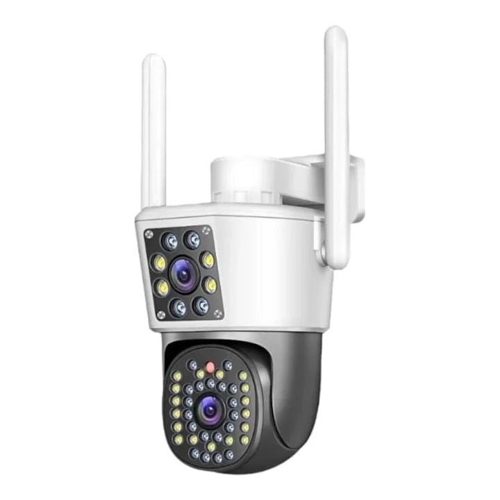 Camera de supraveghere dubla, WIFI, 4G, Full HD, cu alarma integrata, detectare umana, de exterior, rezistenta la apa, recunoastere amprentei, audio bidirectional, alb/negru
