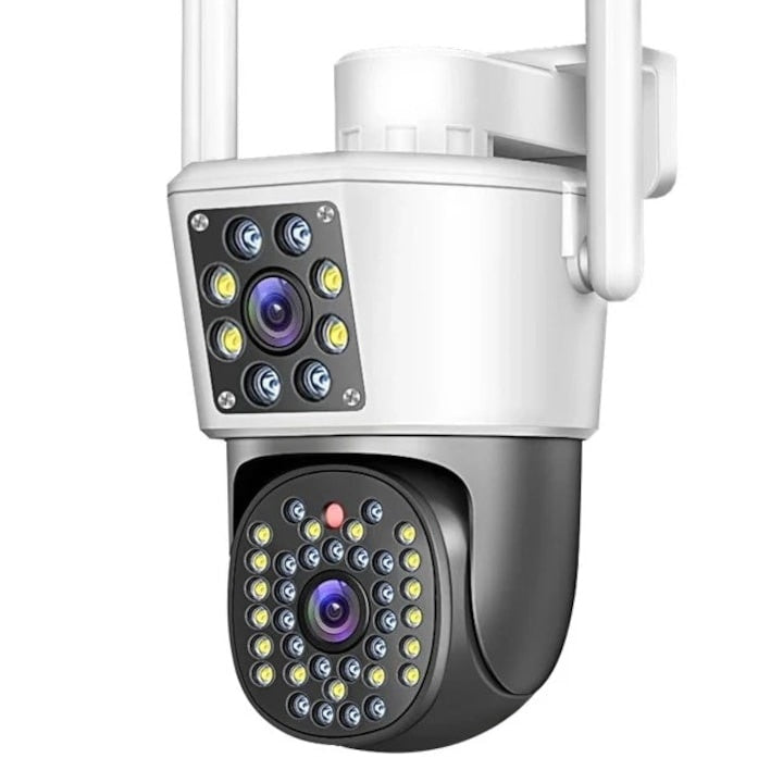 Camera de supraveghere dubla, WIFI, 4G, Full HD, cu alarma integrata, detectare umana, de exterior, rezistenta la apa, recunoastere amprentei, audio bidirectional, alb/negru
