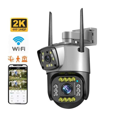 Camera de supraveghere dubla, WIFI, Full HD, cu alarma integrata, detectare umana, de exterior, rezistenta la apa, Control din aplicatie