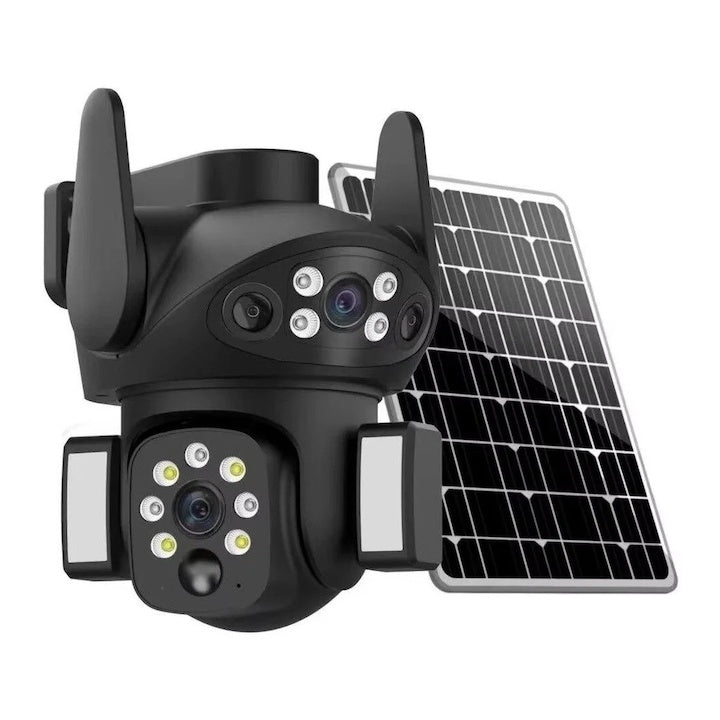 Camera de supraveghere pentru exterior, cu audio bidirecțional, zoom optic 36x, rezistentă la intemperii, 2MP, Full HD, cu panou solar inclus, negru