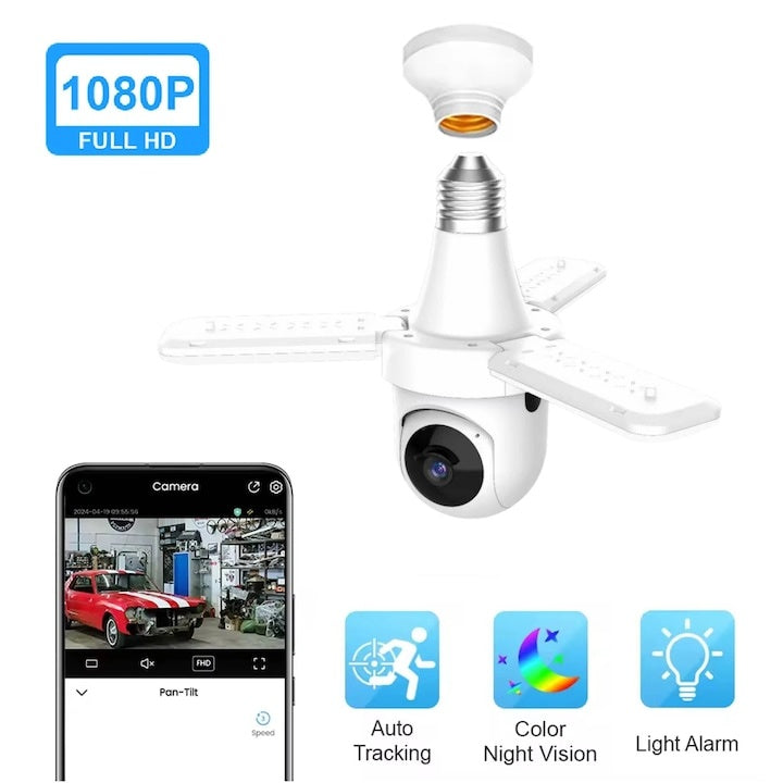 Camera de supraveghere tip bec, cu 3 brate de lumina LED, FULL HD, conectivitate WiFi, viziune nocturna cu LED, detectare miscare si alerte, alb