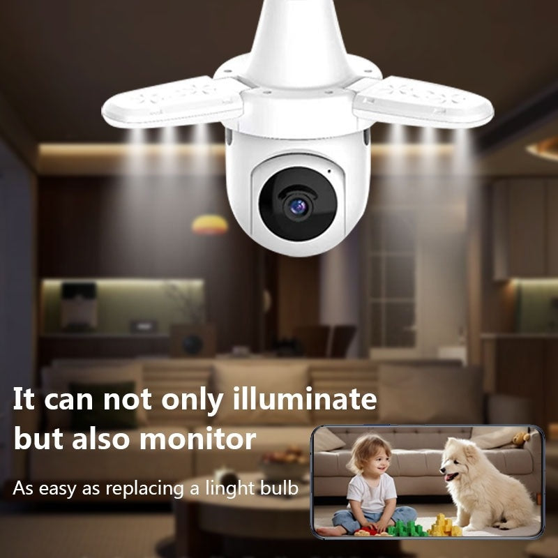 Camera de supraveghere tip bec, cu 3 brate de lumina LED, FULL HD, conectivitate WiFi, viziune nocturna cu LED, detectare miscare si alerte, alb