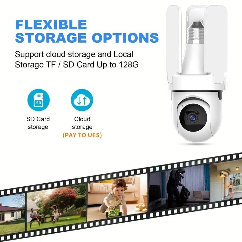 Camera de supraveghere tip bec, cu 3 brate de lumina LED, FULL HD, conectivitate WiFi, viziune nocturna cu LED, detectare miscare si alerte, alb