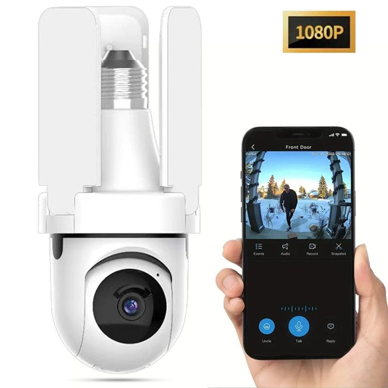 Camera de supraveghere tip bec, cu 3 brate de lumina LED, FULL HD, conectivitate WiFi, viziune nocturna cu LED, detectare miscare si alerte, alb