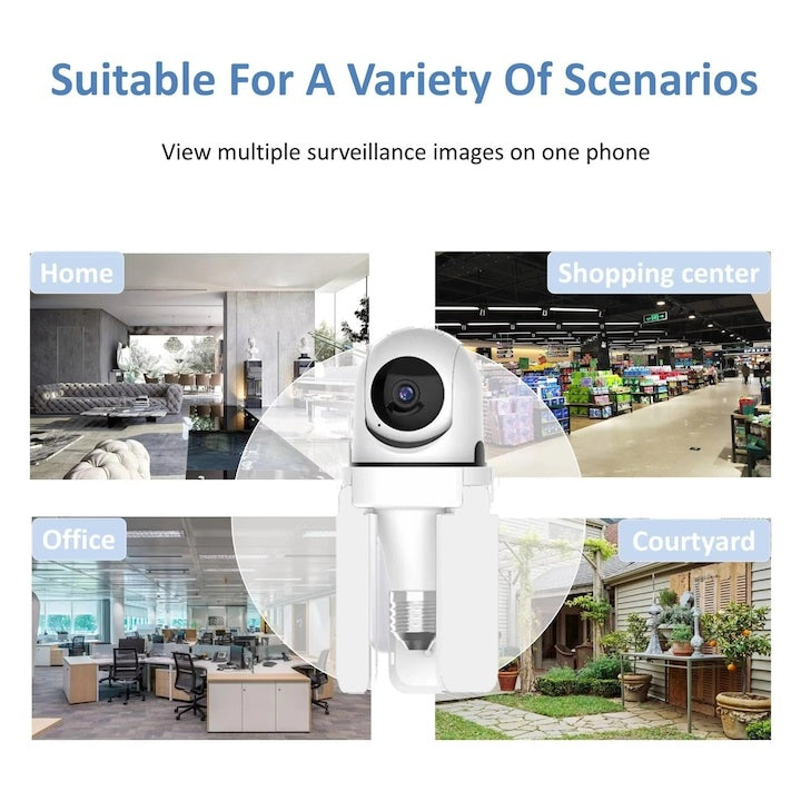 Camera de supraveghere tip bec, cu 3 brate de lumina LED, FULL HD, conectivitate WiFi, viziune nocturna cu LED, detectare miscare si alerte, alb