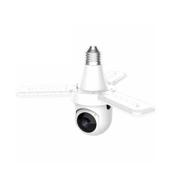 Camera de supraveghere tip bec, cu 3 brate de lumina LED, FULL HD, conectivitate WiFi, viziune nocturna cu LED, detectare miscare si alerte, alb