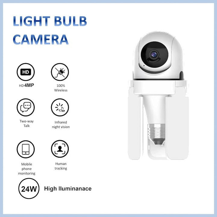 Camera de supraveghere tip bec, cu 3 brate de lumina LED, FULL HD, conectivitate WiFi, viziune nocturna cu LED, detectare miscare si alerte, alb