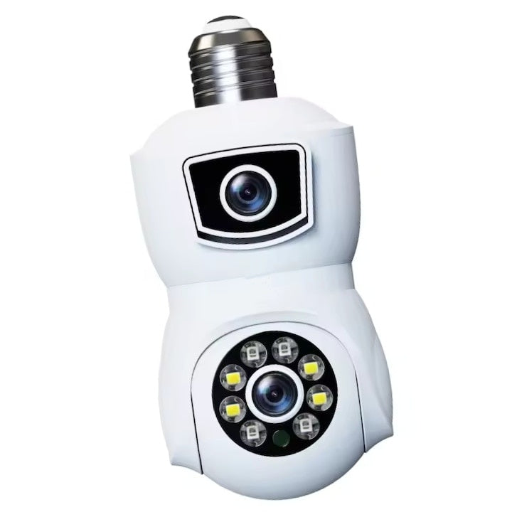 Camera de supraveghere tip bec, WiFi, dubla, 360° panoramic, alarma, vedere nocturna, port microSD, detectare a miscarii, alb