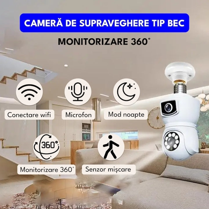 Camera de supraveghere tip bec, WiFi, dubla, 360° panoramic, alarma, vedere nocturna, port microSD, detectare a miscarii, alb