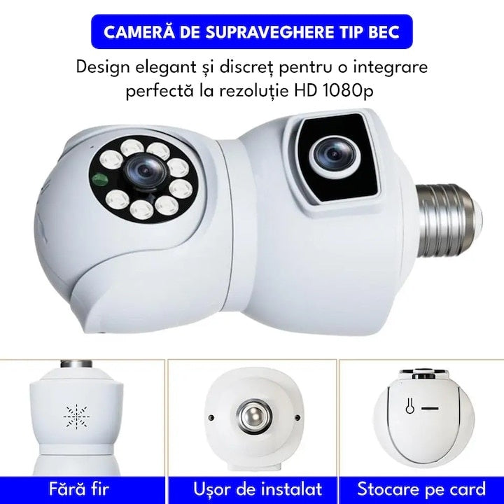 Camera de supraveghere tip bec, WiFi, dubla, 360° panoramic, alarma, vedere nocturna, port microSD, detectare a miscarii, alb
