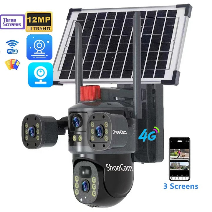 Camera de supraveghere V380 PRO, 4G, 12MP 4K Ultra HD, 3 Camere, IP66, Alimentare Solară