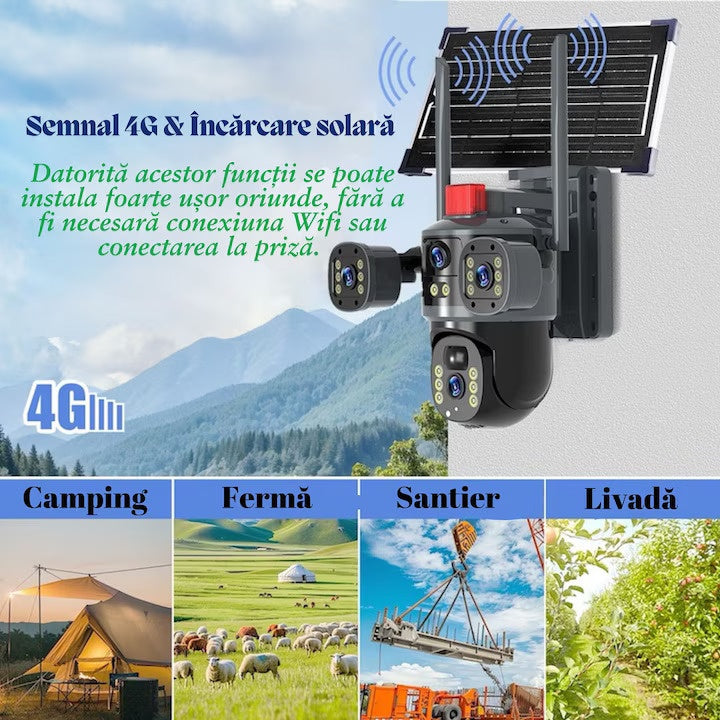 Camera de supraveghere V380 PRO, 4G, 12MP 4K Ultra HD, 3 Camere, IP66, Alimentare Solară