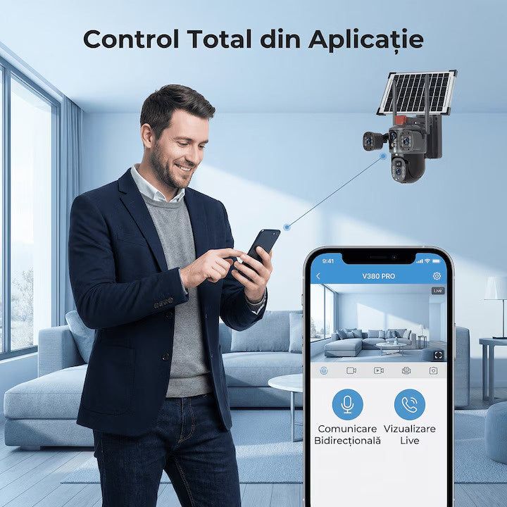 Camera de supraveghere V380 PRO, 4G, 12MP 4K Ultra HD, 3 Camere, IP66, Alimentare Solară