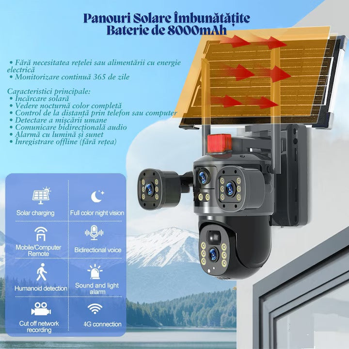 Camera de supraveghere V380 PRO, 4G, 12MP 4K Ultra HD, 3 Camere, IP66, Alimentare Solară
