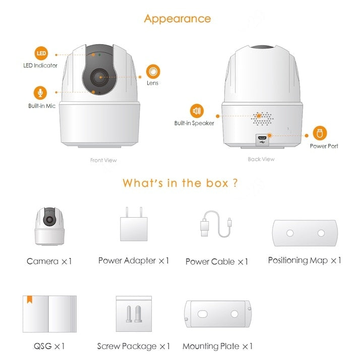 Camera de supraveghere Wi-Fi, cu microfon, comunicare bidirectionala, detectie umana, stocare microSD, aplicatie pentru mobil, alb