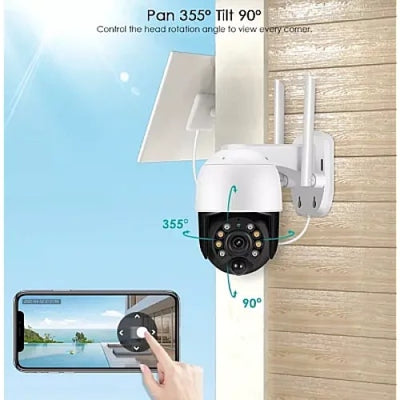 Camera de supraveghere wifi, cu panou solar, 2 antene, o rezolutie de 1080p, acoperire de 350 de grade, alb/negru
