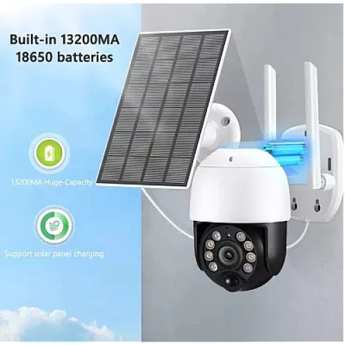 Camera de supraveghere wifi, cu panou solar, 2 antene, o rezolutie de 1080p, acoperire de 350 de grade, alb/negru