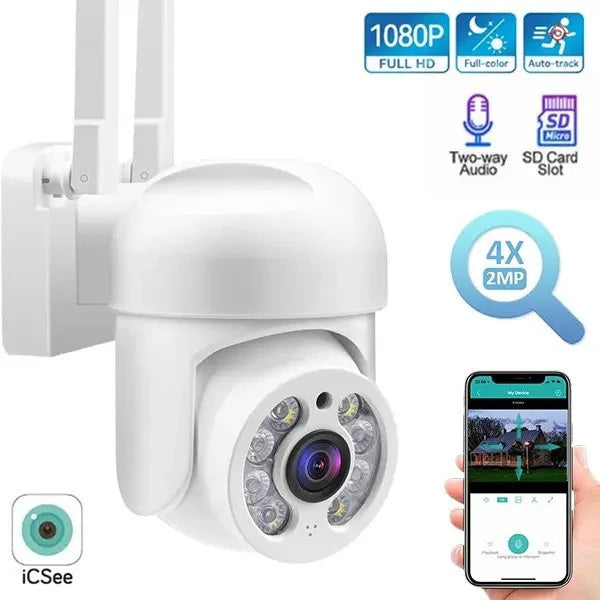 Camera de supraveghere WIFI, FULL HD, conectare telefon, night vision color, alarma, rezistenta la apa, alb