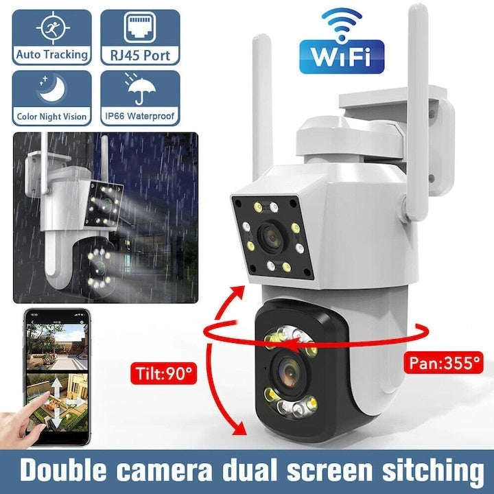 Camera de supraveghere wireless, dubla, cu unghi de 365°, rezolutie HD, LED-uri pentru lumina, senzor de miscare, interfon vocal, night vision, alb