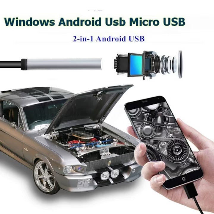 Camera endoscopica de inspectie, 2 in 1, pentru Android, PC, Micro USB, Camera HD, cu 6 LED-uri de iluminare, lungime 2M, negru