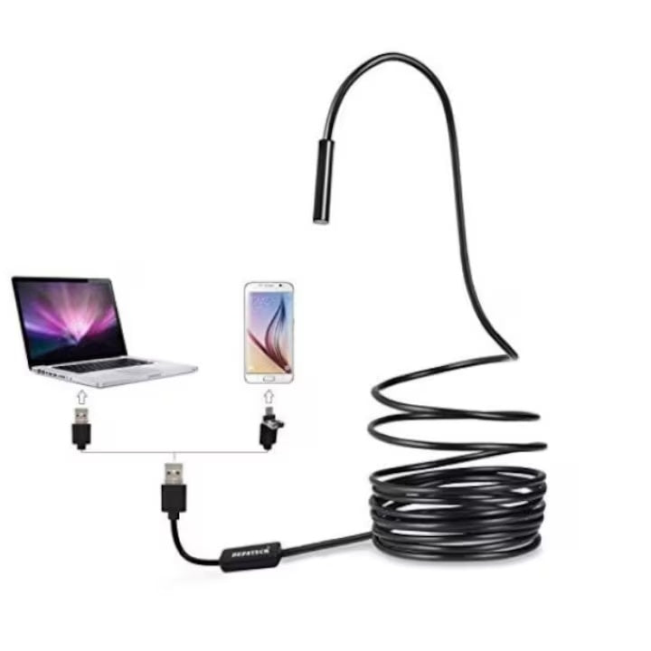 Camera endoscopica de inspectie, 2 in 1, pentru Android, PC, Micro USB, Camera HD, cu 6 LED-uri de iluminare, lungime 5M, negru