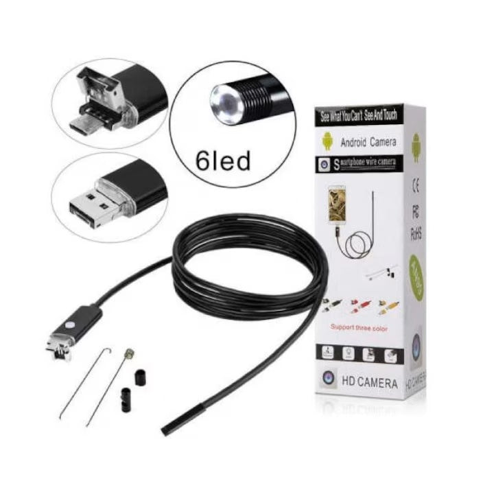 Camera endoscopica de inspectie, 2 in 1, pentru Android, PC, Micro USB, Camera HD, cu 6 LED-uri de iluminare, lungime 10M, negru