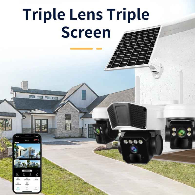 Camera supraveghere cu panou solar, conexiune 4G, rotatie 360° panoramica cu 3 lentile, zoom 10x, audio bidirectional, alarma, senzor miscare, alb