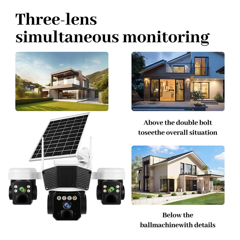 Camera supraveghere cu panou solar, conexiune 4G, rotatie 360° panoramica cu 3 lentile, zoom 10x, audio bidirectional, alarma, senzor miscare, alb