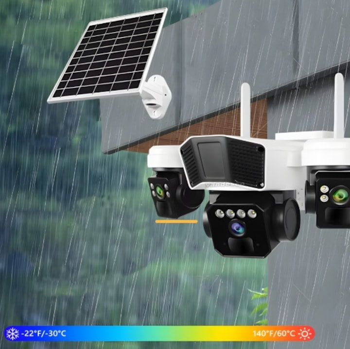 Camera supraveghere cu panou solar, conexiune 4G, rotatie 360° panoramica cu 3 lentile, zoom 10x, audio bidirectional, alarma, senzor miscare, alb