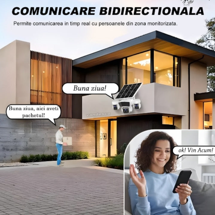 Camera supraveghere cu panou solar, conexiune 4G, rotatie 360° panoramica cu 3 lentile, zoom 10x, audio bidirectional, alarma, senzor miscare, alb