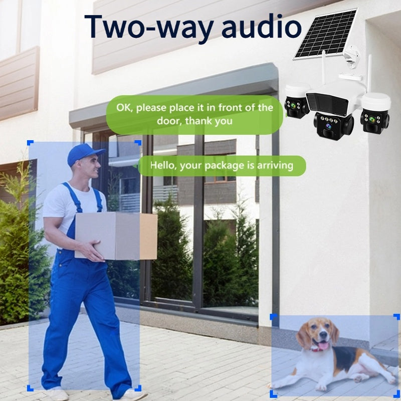 Camera supraveghere cu panou solar, conexiune 4G, rotatie 360° panoramica cu 3 lentile, zoom 10x, audio bidirectional, alarma, senzor miscare, alb