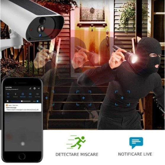 Camera Supraveghere FOXMAG24 de Exterior, cu Panou Solar si WIFI, 1080P HD, 2 MP, IP 65, Slot TF Card, PIR, IR, Carcasa Metalica, Antena, Suport Montare, Alb