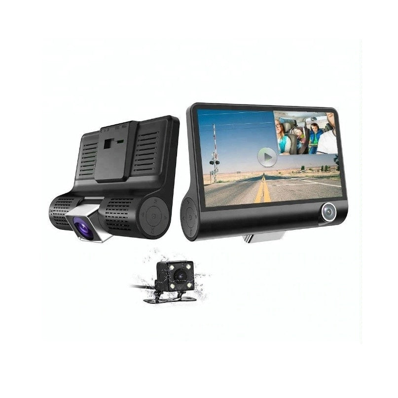Camera Video Auto de Bord Tripla FOXMAG24®, Full-HD, 3 Camere - Fata/Spate/Interior, Display 4 Inch, G Senzor, 170 grade, Negru