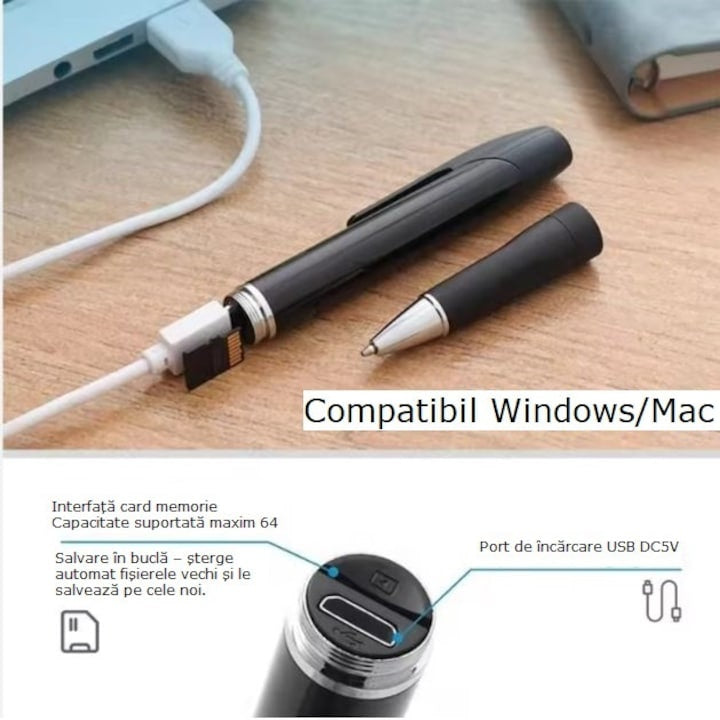 Camera video, tip stilou, Full HD 1080p, 5MP, detectare miscare, IP67, autonomie 150 min, 30 cadre/secunda, discret si elegant, negru