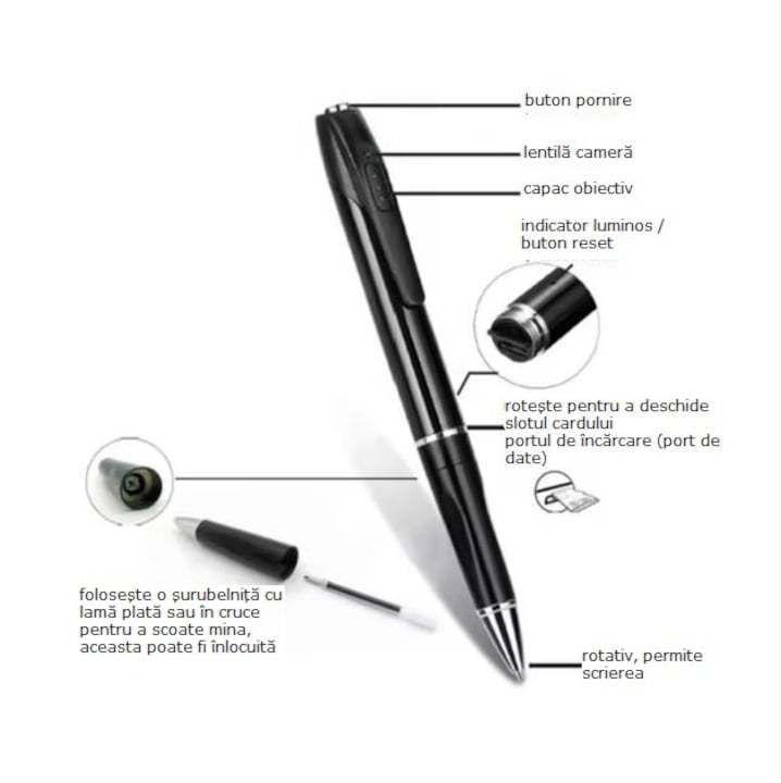Camera video, tip stilou, Full HD 1080p, 5MP, detectare miscare, IP67, autonomie 150 min, 30 cadre/secunda, discret si elegant, negru