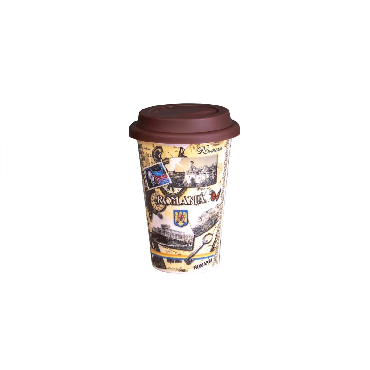Cana ceramica cu capac silicon 400 ml, model Romania, design cu imagini traditionale