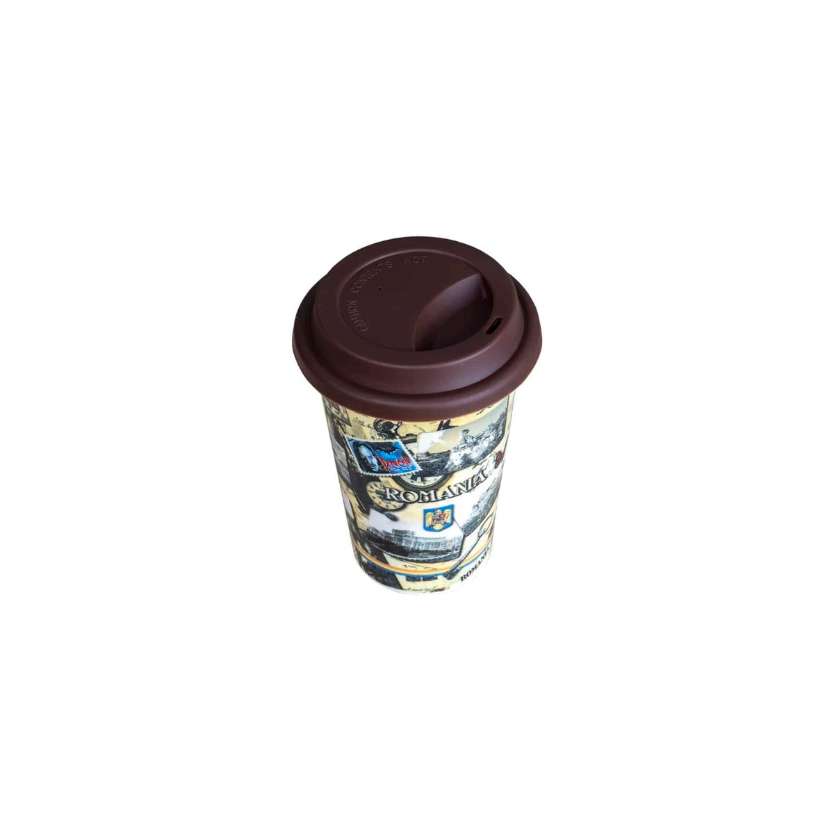 Cana ceramica cu capac silicon 400 ml, model Romania, design cu imagini traditionale