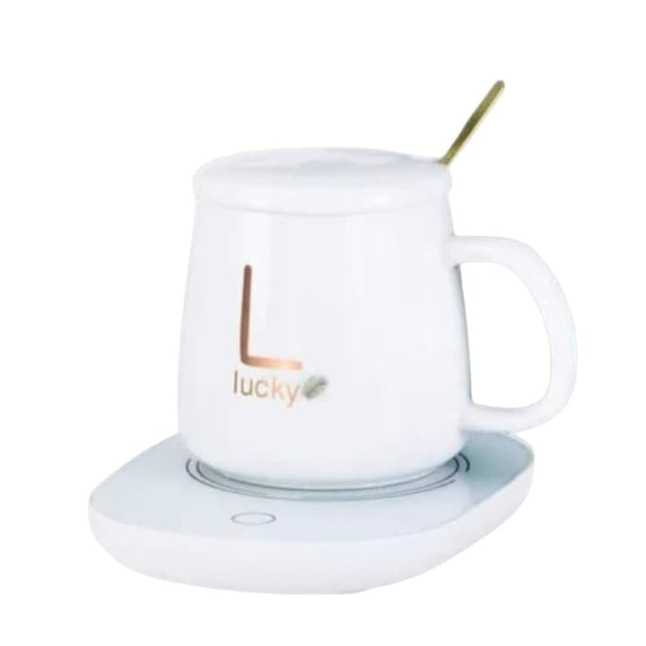 Cana de cafea din ceramica, cu suport incalzitor, incarcare USB, cu buton pentru controlul temperaturii, cu lingurita inclusa, alb