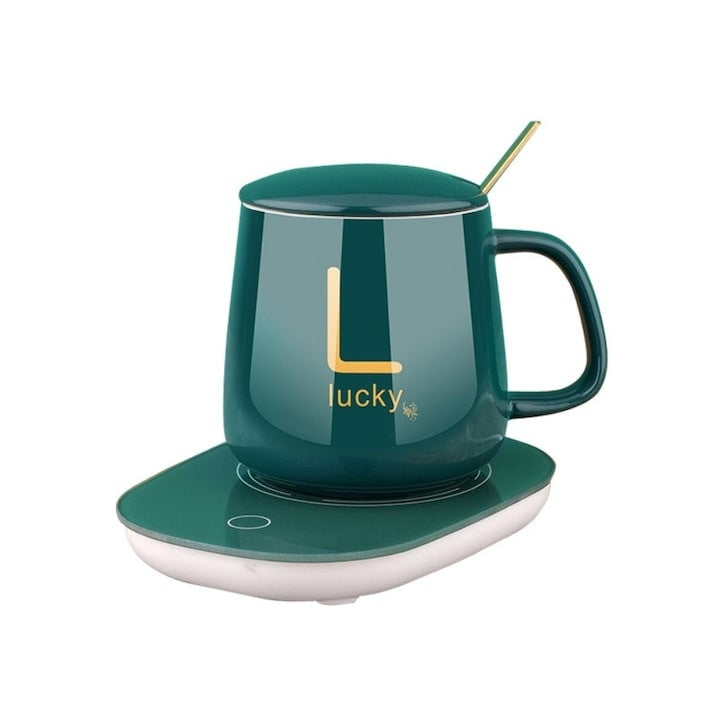 Cana de cafea din ceramica, cu suport incalzitor, incarcare USB, cu buton pentru controlul temperaturii, cu lingurita inclusa, verde
