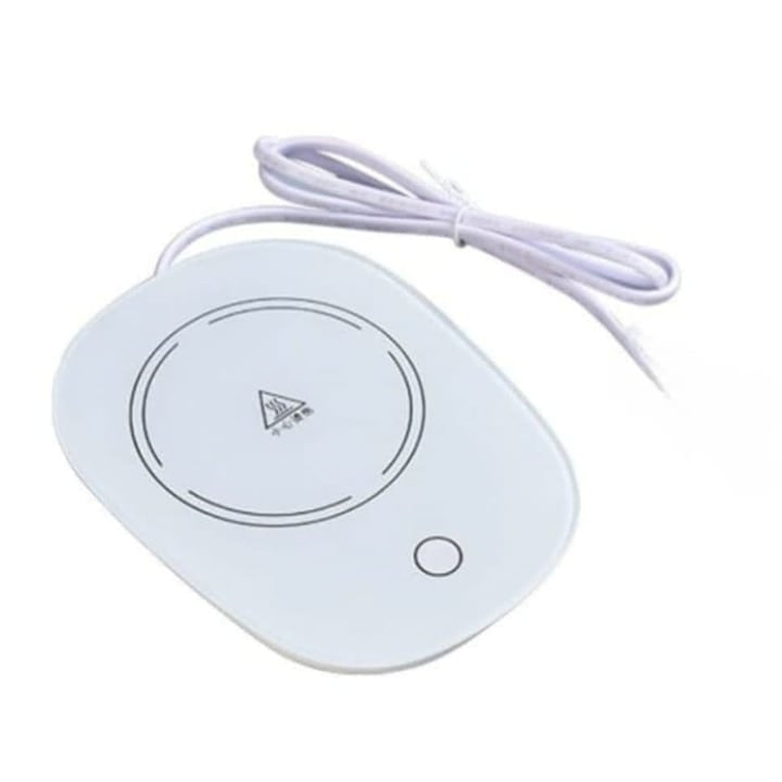 Cana de cafea din ceramica, cu suport incalzitor, incarcare USB, cu buton pentru controlul temperaturii, cu lingurita inclusa, alb