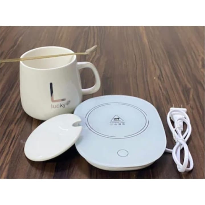 Cana de cafea din ceramica, cu suport incalzitor, incarcare USB, cu buton pentru controlul temperaturii, cu lingurita inclusa, alb