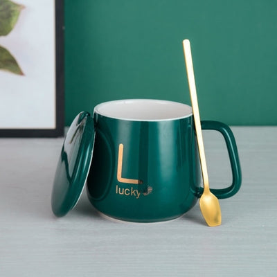 Cana de cafea din ceramica, cu suport incalzitor, incarcare USB, cu buton pentru controlul temperaturii, cu lingurita inclusa, verde