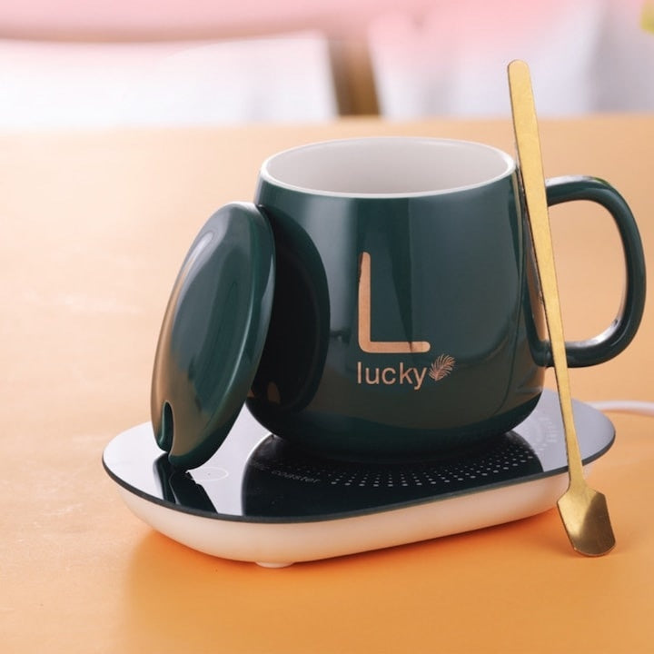 Cana de cafea din ceramica, cu suport incalzitor, incarcare USB, cu buton pentru controlul temperaturii, cu lingurita inclusa, verde